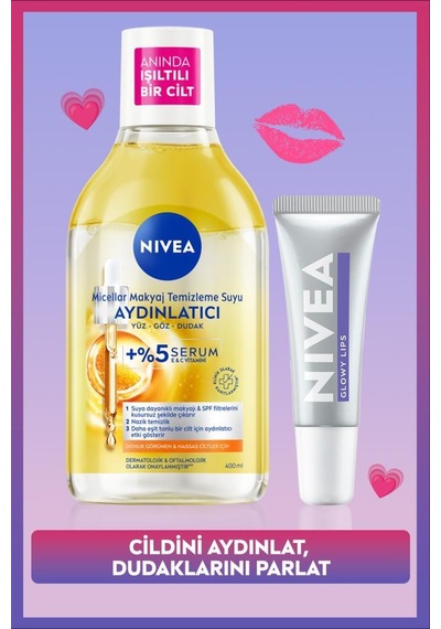 Aydınlatıcı Micellar Makyaj Temizleme Suyu 400ml Ve Glowy Lips Nemlendirici Dudak Parlatıcısı