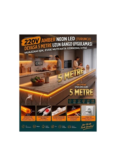 5 Metre Amber 220v Neon Led Şerit ,tak Çalıştır Set, Fişli Anahtarlı Esnek Şerit Led, ,turuncu Led,mutfak,tezgah Ledi,led Şerit Işık ,ambiyans Işık Havuzu, Kendinden Yapışkanlı,kehribar Led
