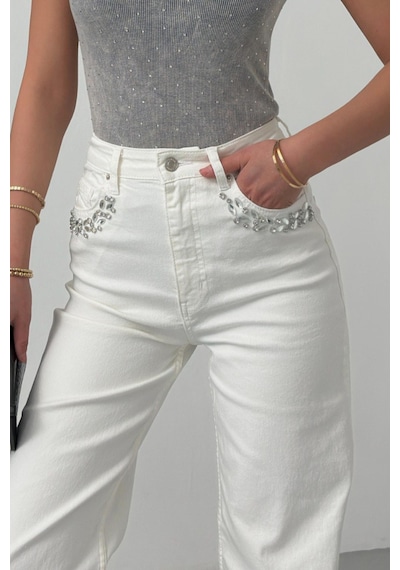 Lacarino 7984 Wide Leg Kadın Jean Pantolon Beyaz Taşlı