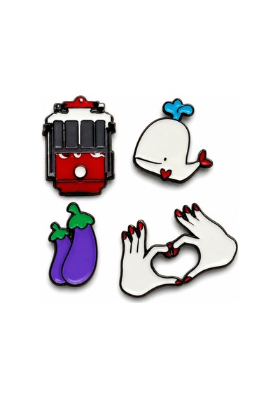 Eğlenceli Pop Art 4'lü Metal Emaye Rozet Set Tramvay, Balina, Kalp El Ve Patlıcan Gri