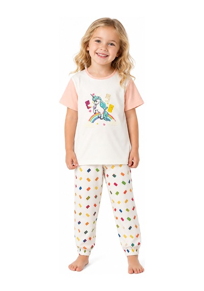 Harıbo Haribo Lisanslı Unicorn Baskılı Ayıcık Desenli Pijama Takımı Pudra