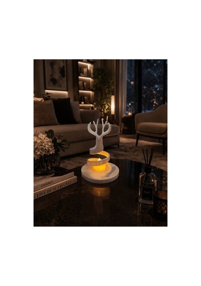 Geyik Konseptli Tealight Aydınlatmalı Dekoratif Obje Beyaz