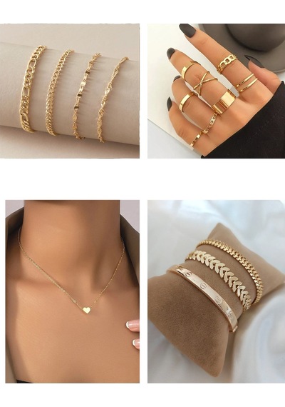 X-lady Accessories Altın Renk Kombin Sarmal Bileklik 10 Lu Yüzük Kalp Sf Kolye Kart