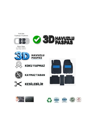 Renault Kango Combi 2002 Uyumlu 3 Cm Havuzlu 5 Parça Set 3d Paspas Takımı Siyah - Mavi