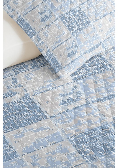 Mavi Geometrik Genç Odası Tek Kişilik Pike Takımı - Modern Beyaz 160x220 Cm Kapitone Yatak Örtüsü Mat Pencere İzi