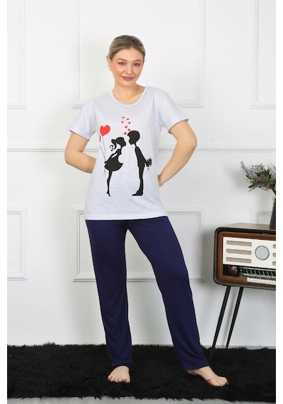 2k Moda Çizgi Kadın Kısa Kol Penye Pijama Takımı 4208 001