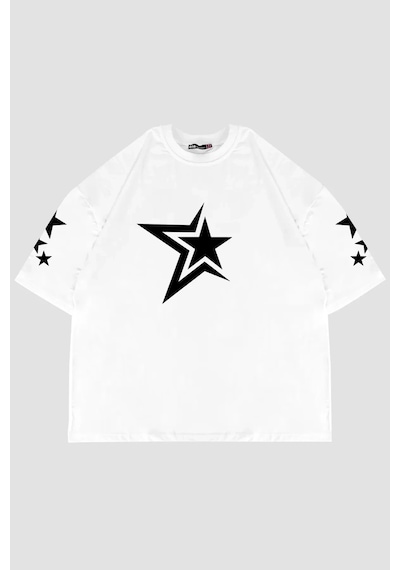 Startmore 816 Stars Baskılı Oversize Unisex Beyaz Beyaz
