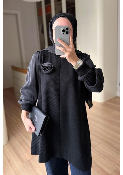 Kahijab Gül Detay Merserize Tunik - Siyah