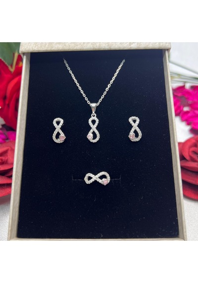 Pembe Kalp Sonsuzluk Kadın 3'lü Set 925 Ayar Gümüş Zirkon Rodyumlu Taşlı Gümüş
