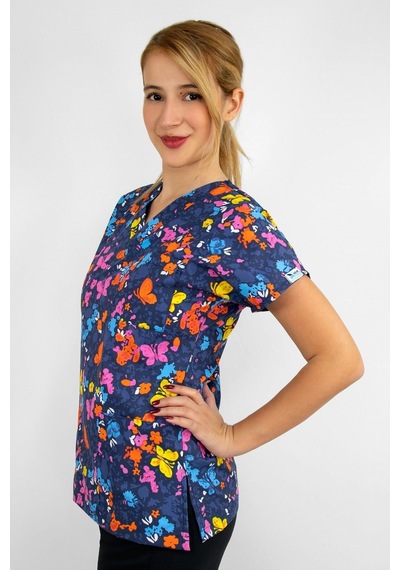 Unisex Butterfly Desenli Likralı Doktor Hemşire Tek Üst Forma Scrubs Greys Renkli Renkli