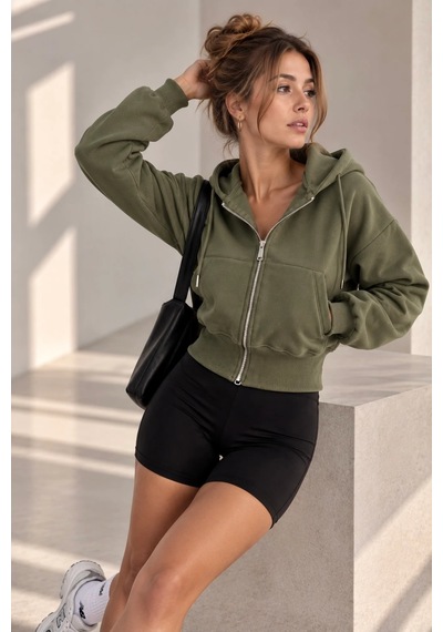 Bb Butik Basic Kapüşonlu Fermuarlı Kısa Kadın Sweatshirt Günlük Basic Model My3535 Haki