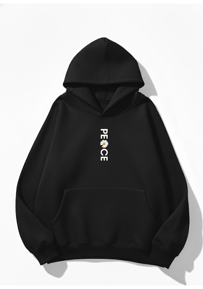 Uyguntarz Unisex Yumuşak Dokulu Peace Baskılı Tasarım Oversize 3 İplik Hoodie Sweatshirt siyah