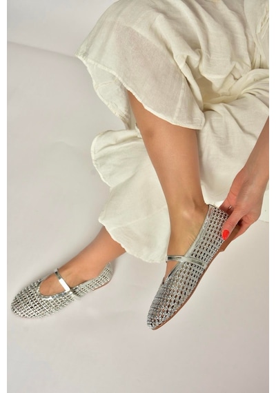Fox Shoes Y820724109 Gümüş File Görünümlü Kadın Babet Gümüş