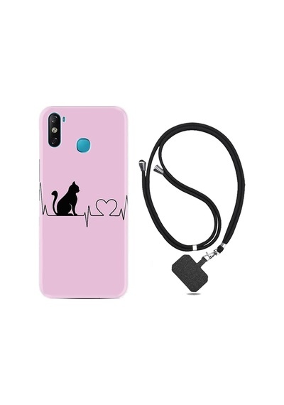 Infinix Smart 4 Kılıf Boyun Askılı Pink Cat Heart 1303