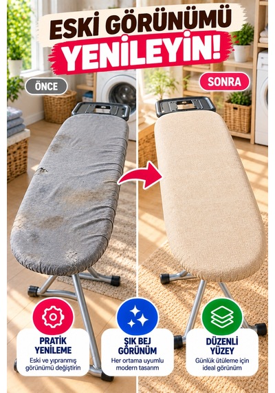 Bej Ütü Masası Kılıfı 50x130 Cm Keçeli Bağcıklı Ütü Bezi Örtüsü Pratik Kullanım Yedek Kılıf Gri Renk