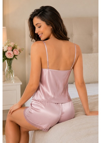 Loule Kadın Vizon Dantel Yaka Ve Şort Kenarlı Saten Pijama Takımı