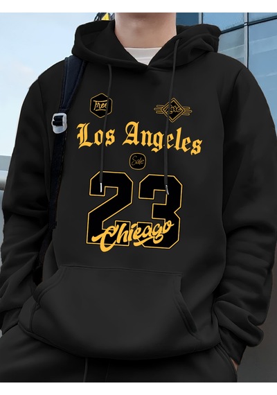 Startmore Startmorelos Angeles Chicago 23 Baskı Kapüşonlu Üst Erkek Kışlık Polar Sıcak Kazak Koşu Cepli Kazak Sp Siyah