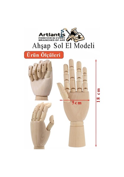 Ahşap Sol El Modeli 18 Cm 1 Adet Sol El Maketi Çoçuk Ahşap Manken Sol El Parmak Model Hareketli Esnek Eskiz Çizim Boyama