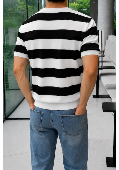 Tarz Cool Erkek Çizgili Triko Tişört Bisiklet Yaka Slim Fit Yazlık İnce Dokulu Siyah