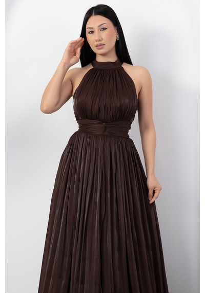 Kalopya Halter Yaka Beli Düğümlü Yırtmaçlı Elbise Drp6882 Kahve