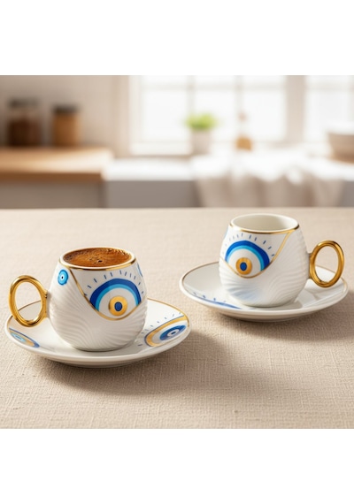 Evil Eye Nazar Boncuğu Desenli 6 Kişilik Porselen Kahve Fincan Takımı Beyaz
