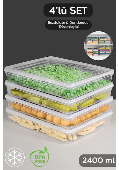 Meleni Home Organizer Düzenleyici Gıda Erzak Kabı Şeffaf Kapaklı Mikrodalga Uyumlu Saklama Kabı 4'lü 4 x 2400 ML Şeffaf