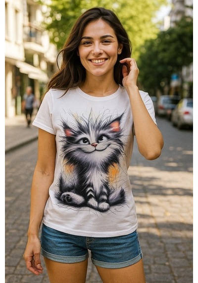Hazego Kadın Kısa Kollu Bisiklet Yaka Kedi Baskılı Süprem Bluz Beyaz
