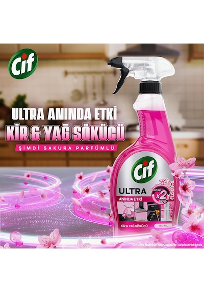 Cif Ultra Hızlı Ve X2 Güçlü Kir & Yağ Sökücü Sakura Parfümü İle Etkili Temizlik 750 Ml X4 Diğer