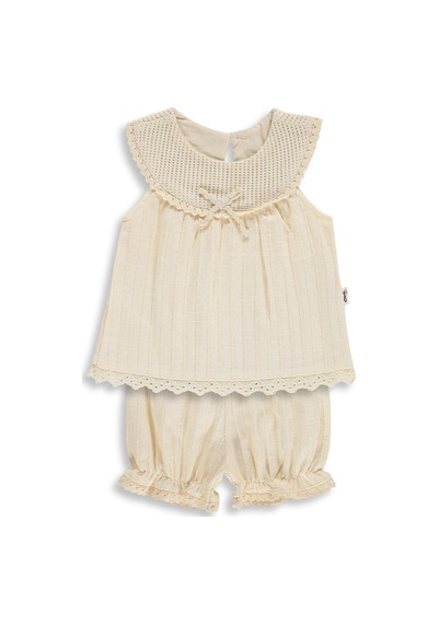 Civil Baby Yaka Dantelli Çizgili Kumaş 6-18 Ay Takım - Bej Krem