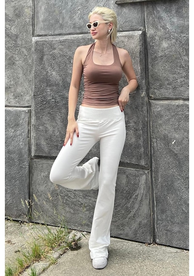 Madmext Ekru Beli Fitilli Yüksek Bel İspanyol Paça Pantolon Mg2096-ekru Ekru