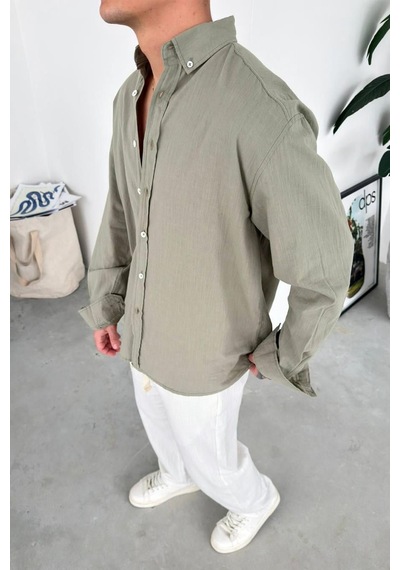 Haki Oversize Fresh Keten Gömlek Haki