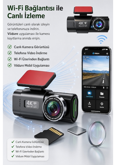 4k Ultra Hd Araç Kamerası Çift Lens Ön Arka Wi-fi Gps Park Modu Gece Görüşlü G-sensörlü Araç İçi Güvenlik Kamerası