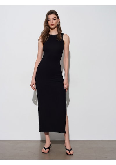 Dilvin 91652 Fitilli Midi Elbise-siyah