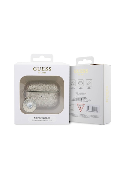 Apple Uyumlu AirPods Pro 2 Kılıf Guess Lisanslı Glitter Elmas Kalp Süs Zincirli Gold
