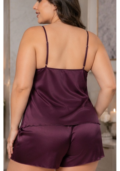 Loule Büyük Beden Mürdüm Dantel Bel Detaylı Saten Şortlu Pijama