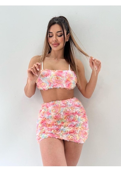 Pink Life Pembe Üç Boyutlu Çiçek Desenli Fermuar Detaylı-pembe