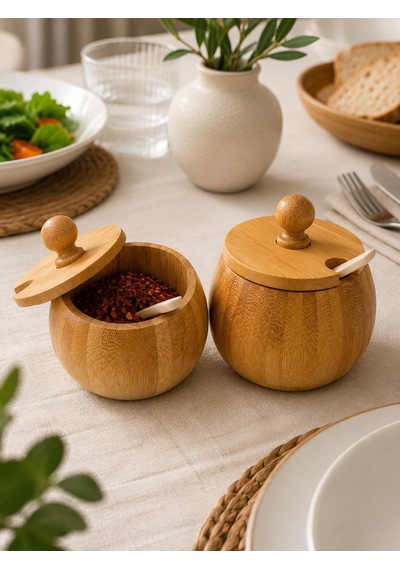 2'li Bambu Tuzluk Şekerlik Seti Kapaklı Kaşıklı Baharat Saklama Kabı