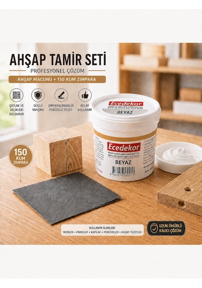 Beyaz Ahşap Tamir Macunu Seti 200 Gr + 150 Kum Zımpara - Mobilya, Parke Ve Ahşap Kapı Çatlak, Delik, Çizik Onarım Dolgu Macunu