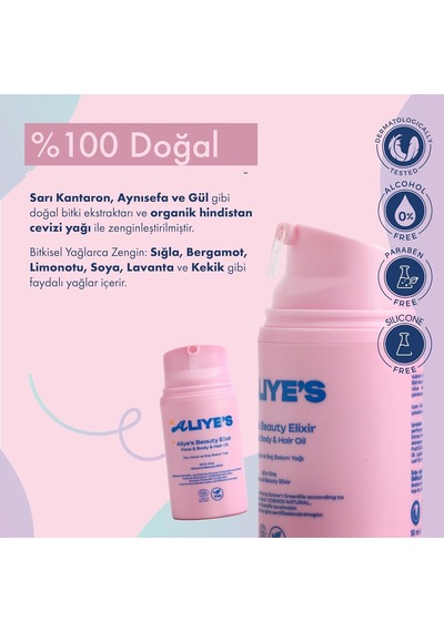 Aliye's Beauty Elixir Gece Bakım Yağı Yüz, Vücut Ve Saç İçin Ecocert Cosmos Organik Sertifikalı & Vegan Onarıcı Bitkisel Yağ Karışımı 50 Ml