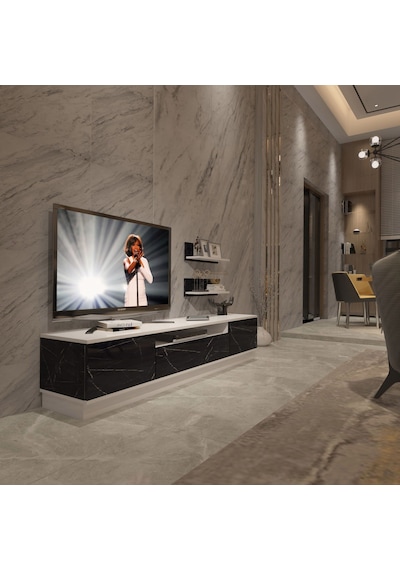 Decoraktiv Trendstyle 4s Mdf Tv Ünitesi Tv Sehpası Beyaz - Siyah Mermer