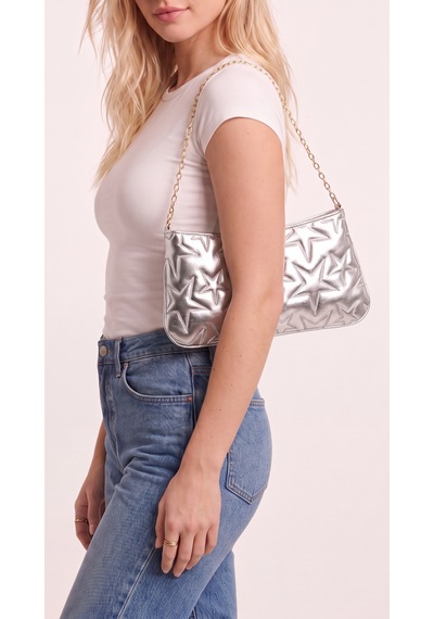 Esvelans Yıldız Desenli Zincir Askılı Portföy El Kol Ve Omuz Çantası Astarlı Clutch Çanta Gümüş