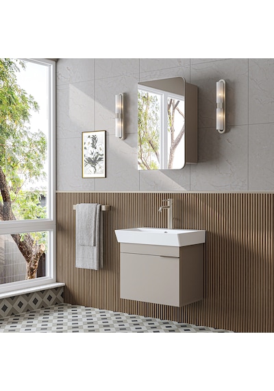 Likya Lavabolu Banyo Dolabı Takımı, Mdflam Tek Kapaklı Lavabolu 59 Cm Banyo Alt Dolabı + Üst Dolabı Kumtaşı