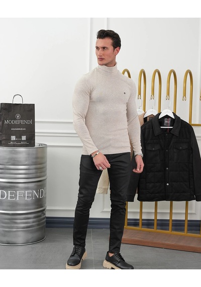 Modefendi Slim Fit İtalyan Kesim Tam Balıkçı Boğazlı Kazak Bej