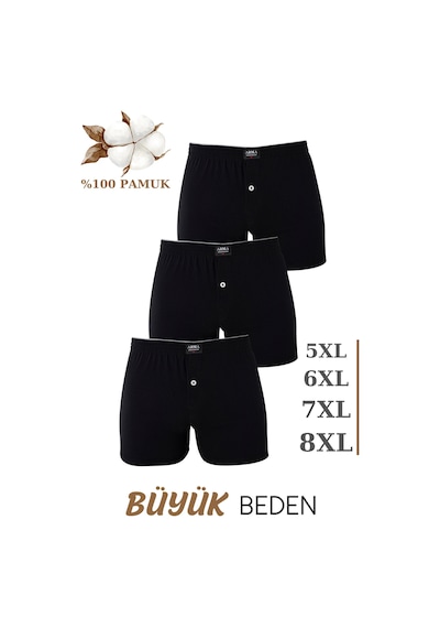 Arma Yıldız 3'lü Paket Erkek Büyük Beden Boxer Siyah %100 Pamuklu Penye Geniş Kalıp Battal Boy İç Çamaşırı Siyah