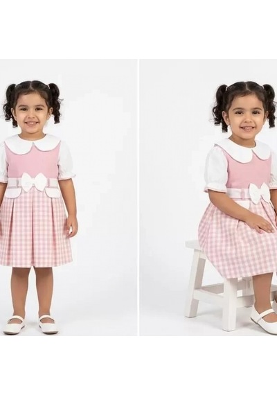 Candar Ekose Desenli Kuğu Yakalı Çocuk Elbisesi 1/4 Yaş Pembe