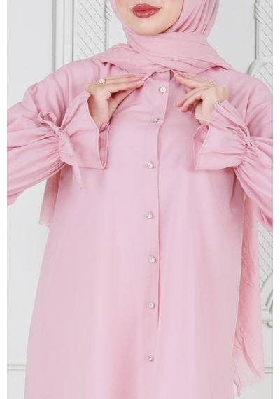 Sevitli Arkası Pileli Kolu Büzgülü Tunik-pembe-3664-pembe Pembe