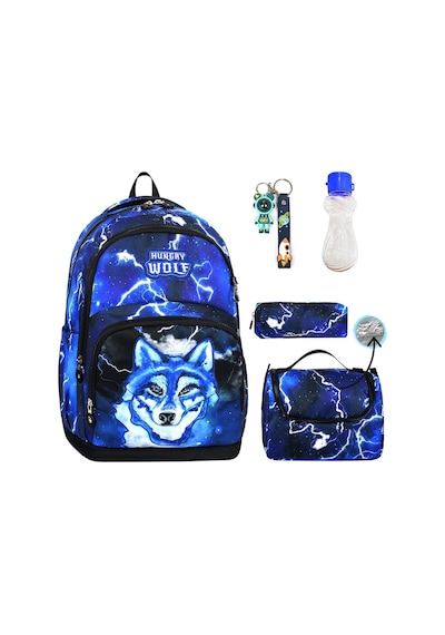 3 Göz Hungry Wolf Kurt Okul Çantası + Termal Beslenme + Kalemlik + Anahtarlık + Suluk Kurt Çanta