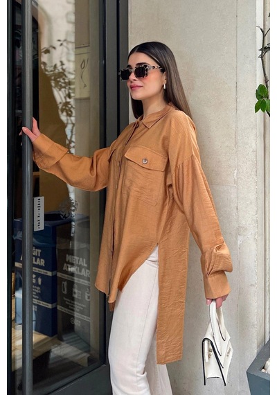 WeShaya Kadın Taba Balon Kol, Pileli, Yırtmaçlı, Oversize, Keten Tunik Gömlek Bej WeShaya Kadın Taba Balon Kol, Pileli, Yırtmaçlı, Oversize, Keten Tunik Gömlek Bej