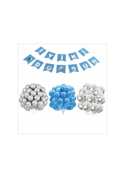 Mavi-gümüş-şeffaf Balon+banner Seti