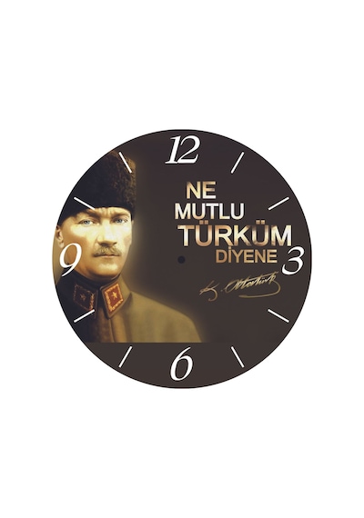 Ne Mutlu Türküm Diyene Çap 30cm Sessiz Akar Bombeli Gerçek Cam Duvar Saati Siyah